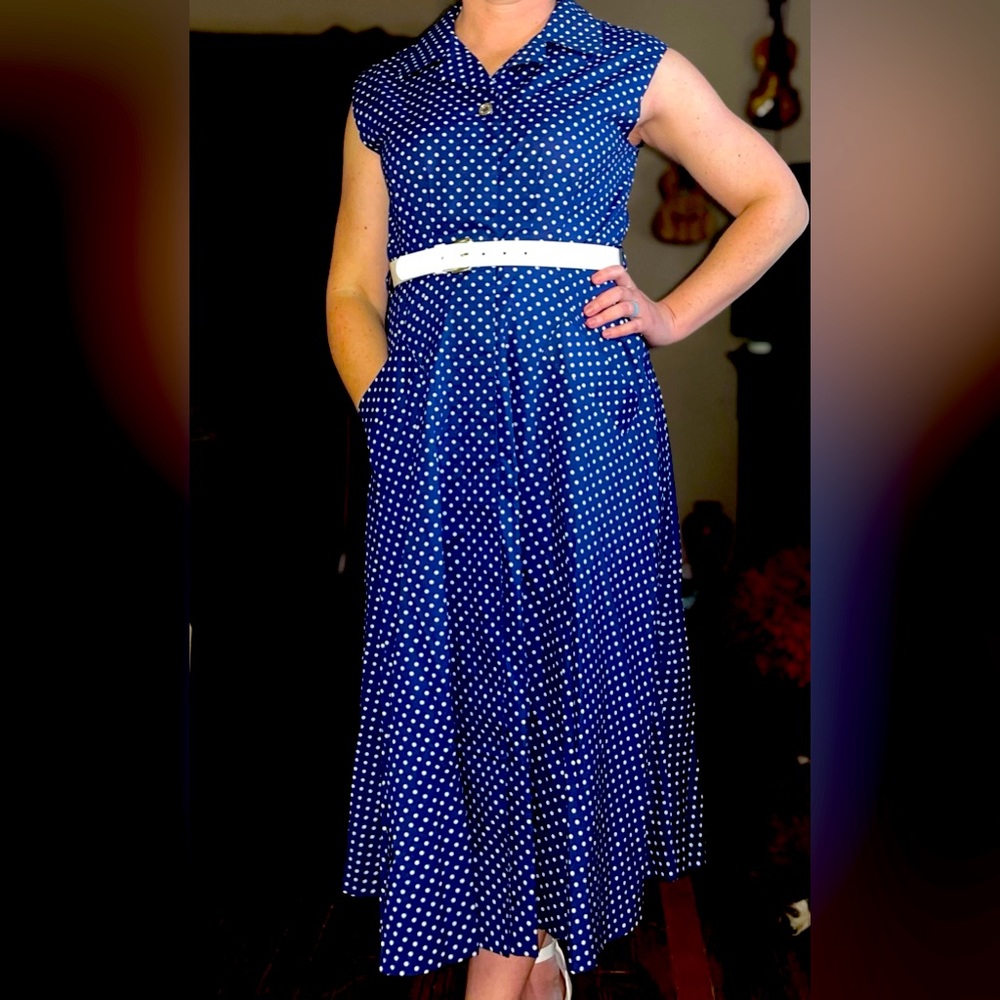 Tommy Hilfiger Blue dress, white polkadots with pockets.
